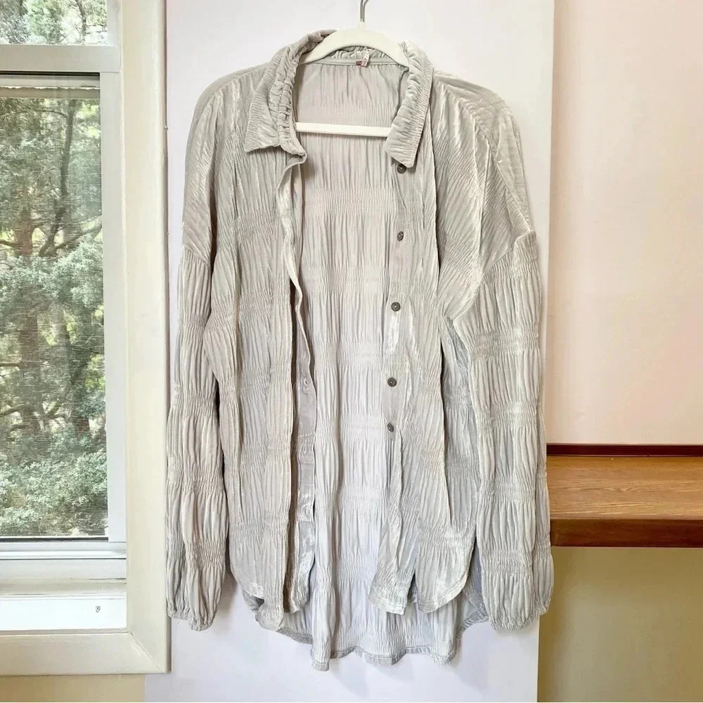 New Free People Velvet Long-Sleeve Button-down Top Chrome Grey Medium - Picture 8 of 15